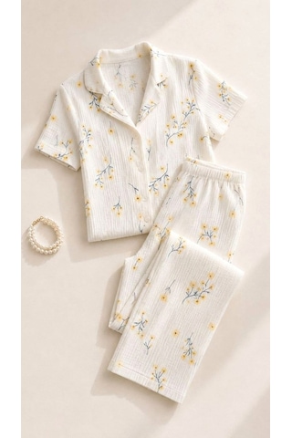 Suısy Petite Fleur Beyaz Çıtır Çiçekli Uzun Pijama Takımı