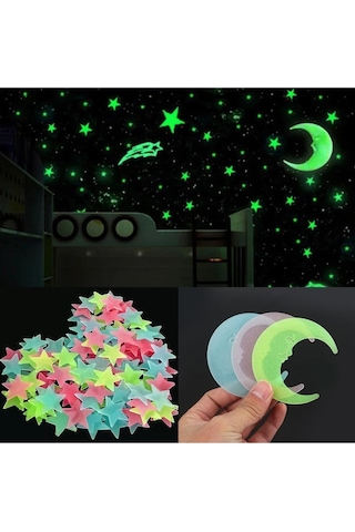 50 Adet Yeşil Renk Fosforlu Yıldız Gülen Ay Duvar Tavan Süsleri Çocuk Odası