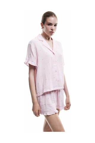 Koton Pamuklu Kısa Kollu Gömlek Yaka Çiçek İşleme Detaylı Pijama Üstü Pembe Desenli 5slk50019mw Pembe Desenli