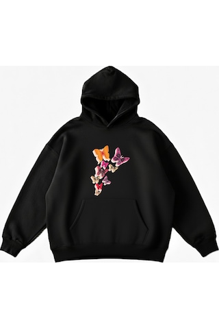 Maki Home Makiteks Siyah Pamuklu Unisex Cepli Kapüşonlu Rahat Kesim Kelebekler Baskılı Sweatshirt SiYAH