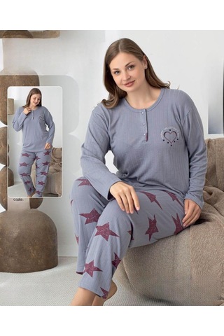 Lindros Kadın Pamuk'lu Düğme Yaka Raporlu İnterlok Kışlık Battal Pijama Takımı 05144 - 1 Adet Gri