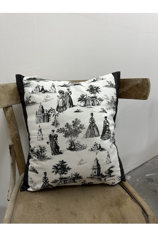 Toile De Jouy Paris Kırlent Kılıfı 43x43 Cm %100 Pamuk Dijital Baskılı Klasik Fransız Tarzı Dekoratif Yastık Kılıfı - Zt740 Siyah-