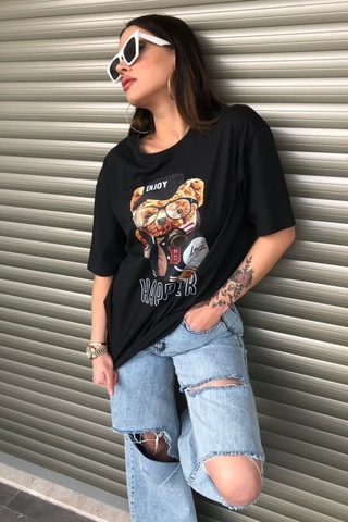 Modagen Kadın Happier Oversize Baskılı Siyah T-shirt Hp Siyah
