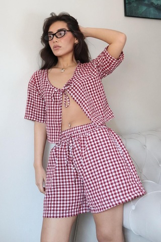 Madmext Bordo Pötikareli Şort Bluz Takım Mg2373