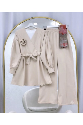 Lovie Moda Gül Detaylı Pantolonlu İkili Takım Bej
