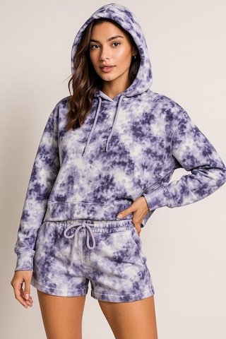 Kadın Lila Kapüşonlu Sweatshirt-şortlu Alt Üst Takım Oversize Batik Desen İkili Takım Çok Renkli