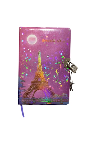 Yıldızlı Gece Hatıra Defteri Günlük Kilitli Defter 80 Yaprak - Paris Eyfel Pembe