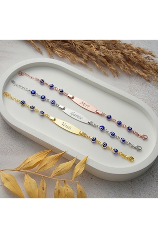 Queen Silver Jewelry 925 Ayar Gümüş Lacivert Göz Boncuklu Çocuk Künye İsim Yazılı Altın