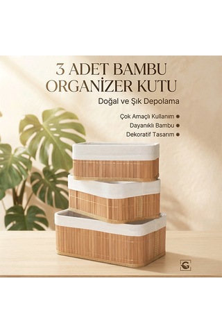 Bambu 3 Lü Oval Kutu Organizer Seti Doğal Bambu Saklama Ve Düzenleyici Seti Açık Bej