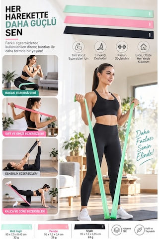 Online 3’lü Pilates Direnç Bandı Seti Fitness Egzersiz Lastiği