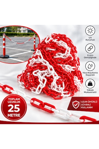 8 Mm Ekonomik İkaz Ürünü Plastik Kırmızı Beyaz 25 Metre Güvenlik Ve Bariyer Zinciri
