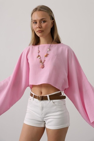Yarasa Kollu Crop Bluz - Pembe Karışık