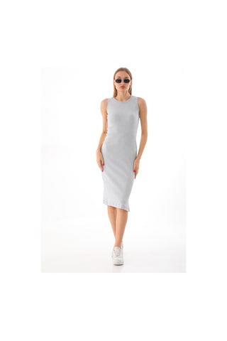 Vücuda Oturan Kolsuz Bisiklet Yaka Diz Altı Fitilli Esnek Elbise Gri