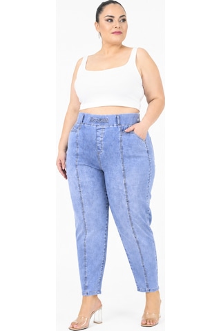 Büyük Beden Beli Lastikli Cepli Likralı Denim Mom Kesim Kadın Pantolon Mavi