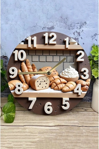 Fırın Temalı Çift Katmanlı Mdf Duvar Saati 33 Cm Ekmek Ve Kruvasan Desenli Saat Sdw355 Renkli