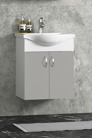 Yıldız 50 Cm Sis Gri Mdf Seramik Lavabolu Asma Alt Banyo Dolabı Beyaz-sis Gri