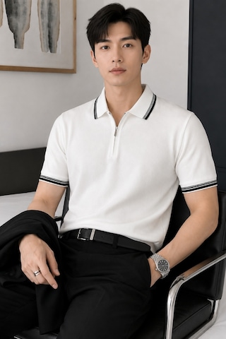 Tarz Cool Erkek Fermuar Yaka Triko Polo Tişört Slim Fit Pamuklu Yazlık Triko Beyaz