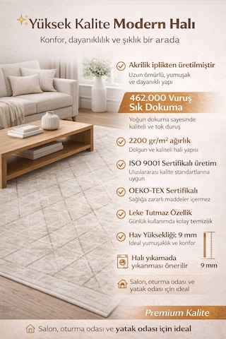 Modern Geometrik Desenli Krem Bej Salon Halısı Akrilik İplik Leke Tutmaz Şık Halı Çok Renkli