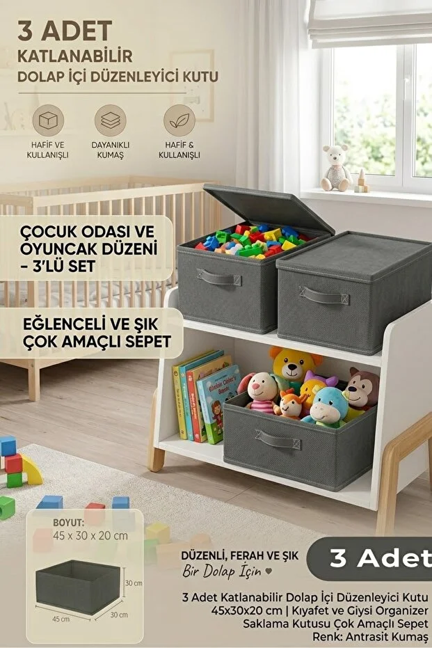 3 Adet Katlanabilir Dolap İçi Düzenleyici Kutu 45x30x20 Cm Kıyafet Ve Giysi Organizer Saklama Kutusu Açık gri
