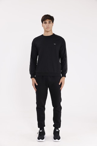 Rowinger Çift Şeritli Raglan Kol Minimal Logolu Bisiklet Yaka Sweatshirt Black