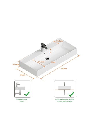 Aqua Bagno Plan Tezgah Üstü Kare Lavabo Beyaz 100 x 45 CM