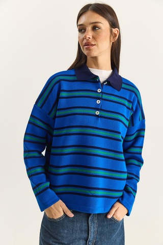 Shade Polo Yaka Çizgili Basic Triko Kazak 20258061 - Saks