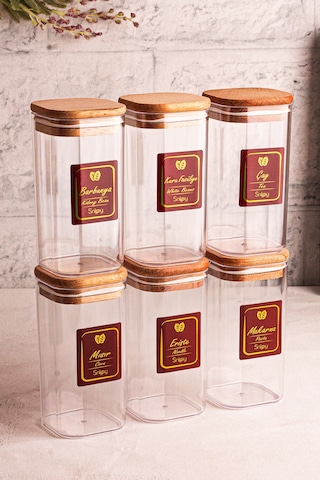 Snippy Boxy - 6'lı Ahşap Vakumlu Kapaklı Etiketli Baharatlık Takımı 350 Ml - Erzak Saklama Kabı Seti Ahşap