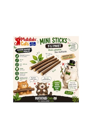 Mini Sticks 5 Li Doğal İnce Matatabi Çubuğu Kedi Oyuncağı İnce Çiğneme Çubuğu Kedi Diş Bakımı 12 Cm