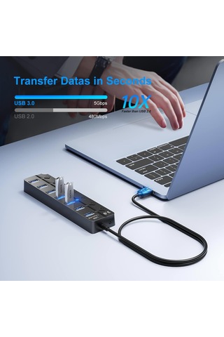 Ga56 Usb 3.0 7 Port 5 Gbps Çoklayıcı Switch Splitter Hub 1.2 Metre Kablo Açma Kapama Düğmeli