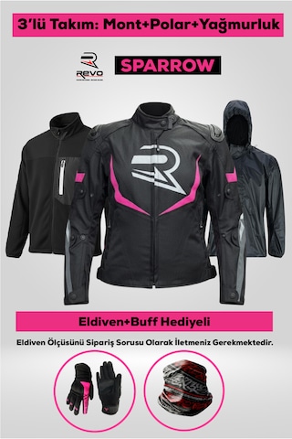 Revo Sparrow Pembe 3 Katmanlı 4 Mevsim Kadın Motosiklet Montu + Eldiven Ve Buff