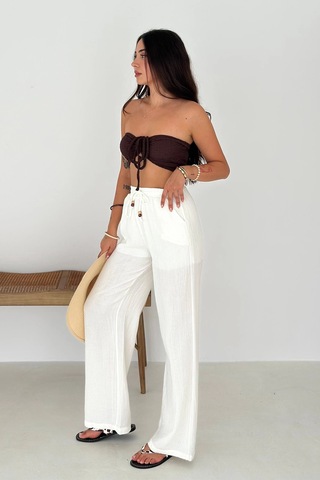 Beli Lastikli Geniş Paça Pantolon Beyaz Beyaz