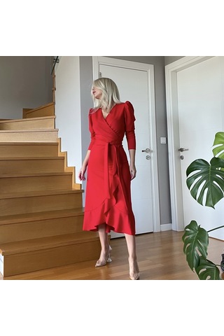 Krep Kumaş Midi Boy Kuşaklı Uzunkol Elbise Bediva 001