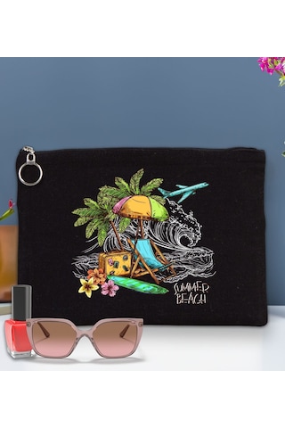 Bk Gift Yaz Temalı-9 Antrasit Siyah Portföy Çanta 30x21cm, Baskılı El Çantası, Organizer Çanta