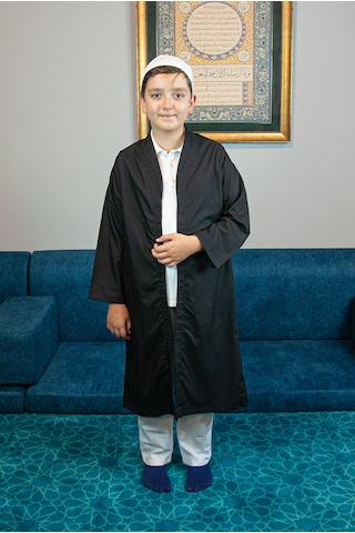 Siyah Buhara Yaka Namaz Elbisesi Erkek Çocuk Cübbe Siyah