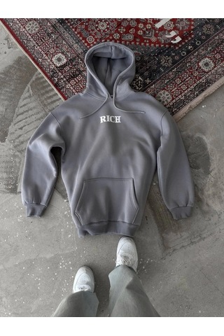 Valensdesign Uzun Kol Kapşonlu Göğüs Baskılı Sweatshirt - Gri