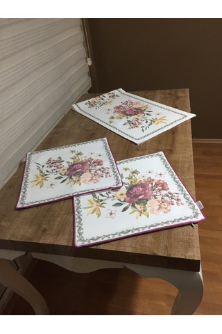 Çiçekli Duck Bezi Leke Tutmaz Runner ve İkili Kırlent