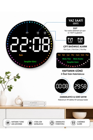 Uzaktan Kumandalı Led Dijital Duvar Saati Büyük Ekran, Ayarlanabilir Parlaklık, Çift Alarm, Sessiz Çalışma, Modern Şık Tasarım Mat Siyah