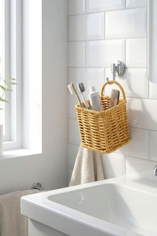 Plentiful Kare Hasır Dokulu Plastik Rattan Kaşıklık & Çatallık Askılı Kendiliğinden Tutmalı Çok Amaç Sarı