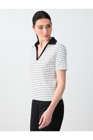 Jimmy Key Kırık Beyaz Çizgi Desenli Polo Yaka Örme Bluz 6sw035517106