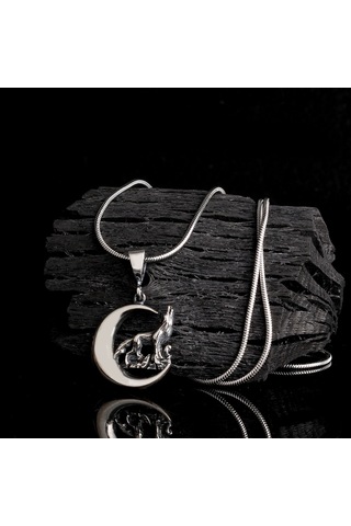 925 Ayar Gümüş Hilal Kurt Model Kolye Ucu 60 Cm Çelik Zincirli Kolye Gri
