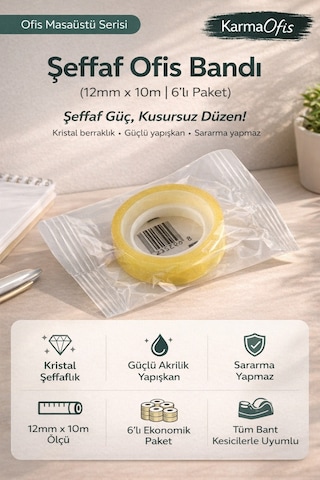 Şeffaf Ofis Bandı 12mm X 10m 6 Lı Paket Güçlü Yapışkanlı Kristal Bant