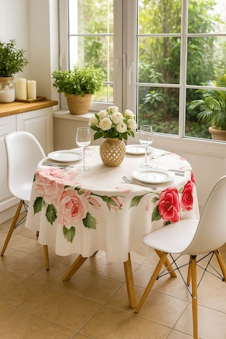 Yuvarlak Gül Desenli Duck Kumaş Masa Örtüsü 150x150 Cm Çok Renkli