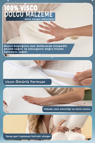 Nova Visco Yastık Ortopedik Boyun Destekli Memory Foam Ergonomik Yastık Beyaz 62x42x13/10cm