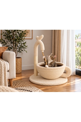 Pureza Kahve Fincanı Tasarımlı Kedi Yatağı, Sisal Tırmalama Direkli & Oyuncaklı Peluş Kedi Dinlenme Alanı