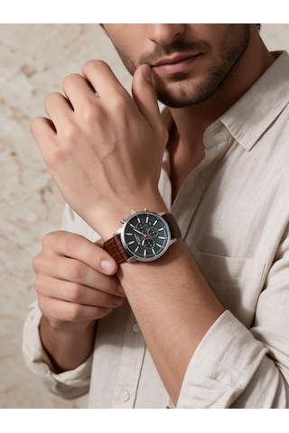 Lee Cooper Kahverengi Deri Kayış Yeşil Kadran 40 Mm Yuvarlak Erkek Kol Saati, Bileklik Hediyeli Gümüş