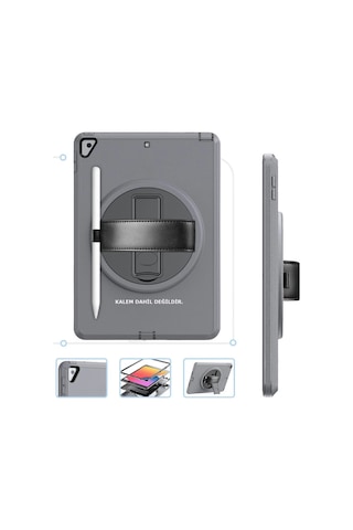 Zenviya21 Apple iPad Uyumlu 10.2 7.nesil Kılıf Hand Strap Tablet Kılıfı - Gri Zenya785 Arka Kapak