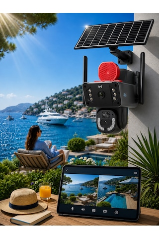 O-kam 3815 4g 6mp Dual Lens Güneş Panelli Solar Sirenli Güvenlik Kamerası 60gb İnternet 12ay 5gb