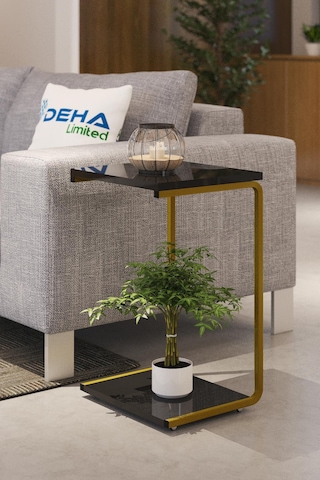 Modern Tasarım İki Katlı Tekerlekli Gold Servis Sehpası Koltuk Yan C Sehpa Zigon Sehpa 001