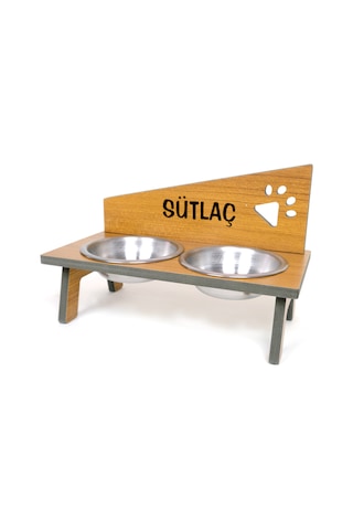 Suya Dayanıklı Ahşap Çelik Kâseli Özel Isim Baskılı Kedi-köpek Mama Ve Su Kabı Stantı - 2 350 Ml.
