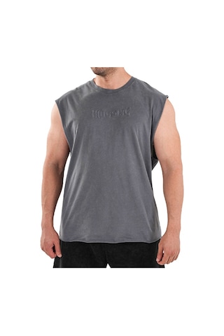 Kingsize Nutrition Kingsize Darksteel Antik Yıkamalı Kolsuz T-shirt Füme